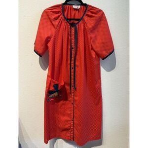 Vintage Smart Time Womens House Dress Red Midi Pocket Tie Size Large Cottagecore